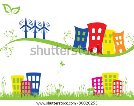 Green city with wind turbines