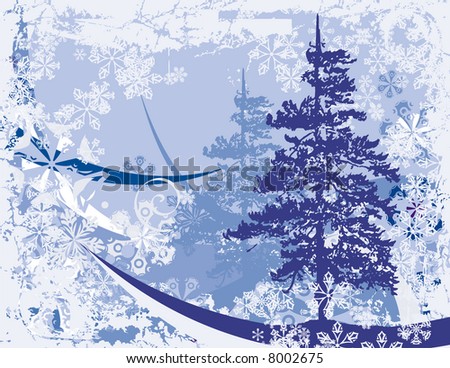 Winter background with a pine tree and snowflakes.