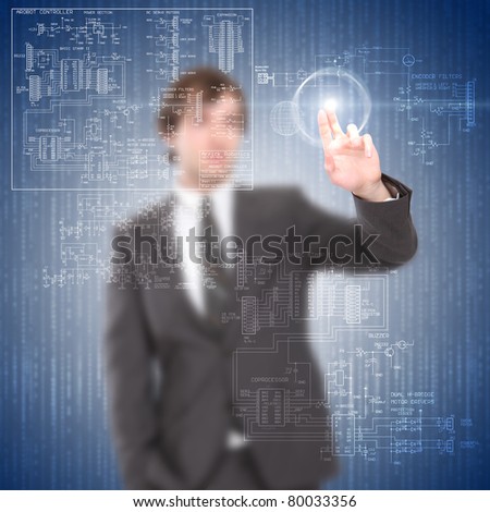 young man touches a virtual surface. Illustration