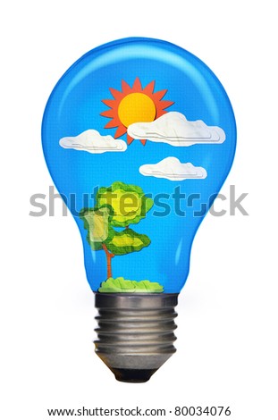 The art of beautiful daylight created by paper craft stick in a lamp cap on white background.