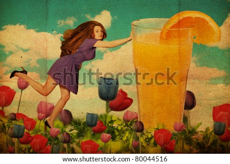vintage collage with beautiful woman with orange fresh, vintage collage