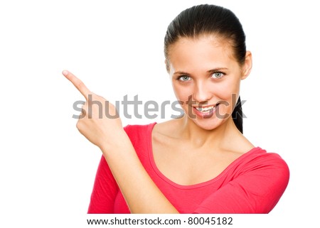 Beautiful young woman shows white background for your ad