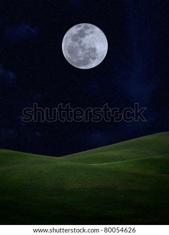 Full moon with stars and field of green hill on darkness sky