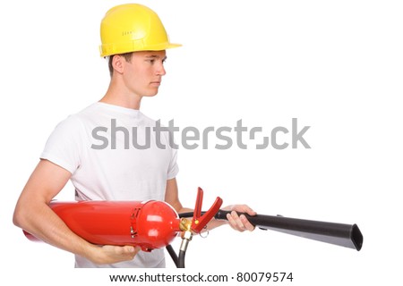 Full isolated studio picture from a young man with extinguisher