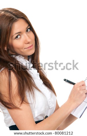 Brunette Business woman standing thinking and looking at the camera and writing with pen in the hand notebook organizer paper in casual dress on a white background