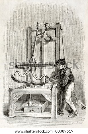 Old illustration of wire Straightening workshop in antique needle factory. By unidentified author, published on Magasin Pittoresque, Paris, 1850