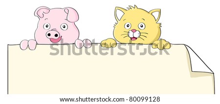 Set of two cartoon animals holding blank paper