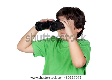 Little boy looking through binoculars isolated on white background