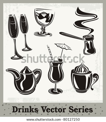 Vector set of drink and beverage illustrations in black and white.