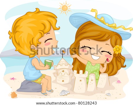 Illustration of Kids Making Sand Castles