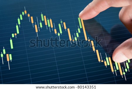 Stock market analytics concept. Analyzing stock market graph on a touch screen device.