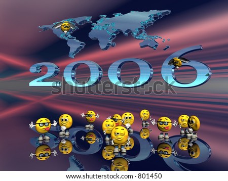 Happy New years wishes from the emoticon guys with a world map and light show  in the background, 3D illustration.