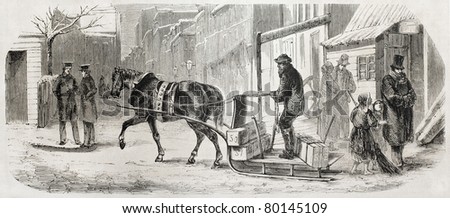 Old illustration of horse-drawn sleigh in New York. Created by Job, published on L'Illustration Journal Universel, Paris, 1857