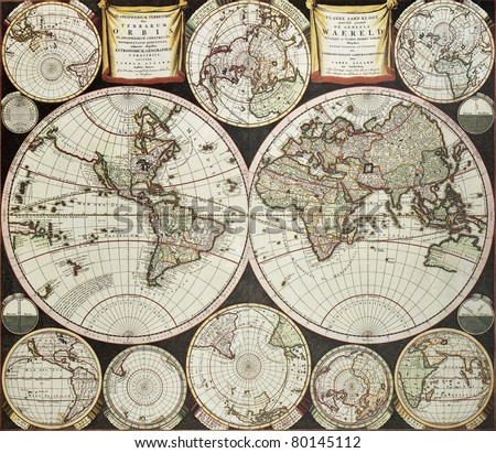 Old double emisphere map of the world surrounded by smallest emispheric projections. Created by Carel Allard, published in Amsterdam, 1696