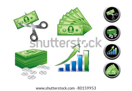 Business bar graph, price cut symbol, dollar bills and cents