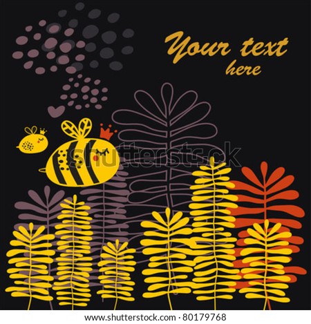 Summer card with bee and heart. Vector doodle background.