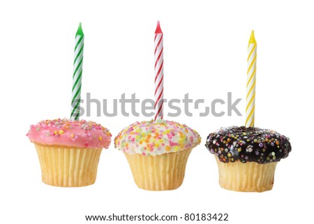 Cup Cakes with Birthday Candles on white Background