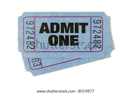 Movie ticket : Two blue admit one movie or theater tickets isolated on white background.
