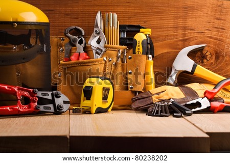 set of working tools on wooden boards Royalty-Free Stock Photo #80238202