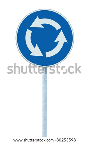 Roundabout crossroad road traffic sign isolated, blue, white arrows right hand