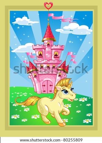 Fairytale landscape with pink magic castle and unicorn