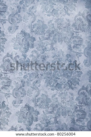 cool blue distressed retro floral wallpaper