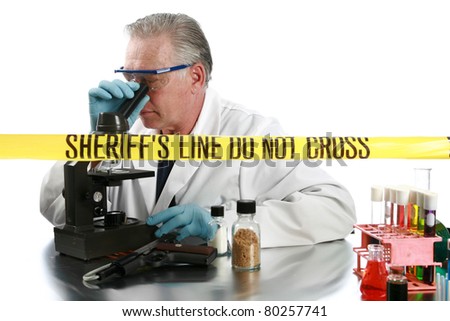 forensic analysis working in a lab collecting and documenting evidence collected from a crime scene. isolated on white with room for your text