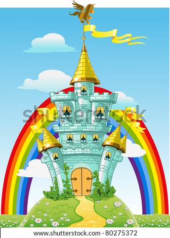 magical fairytale blue castle with flags and rainbow
