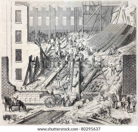 Old illustration of rescue operations after warehouse fall in Antwerp. Created by Godefroy-Durand after sketch of Elliot, published on L'Illustration Journal Universel, Paris, 1857