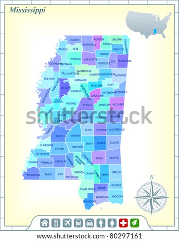 Mississippi State Map with Community Assistance and Activates Icons Original Illustration
