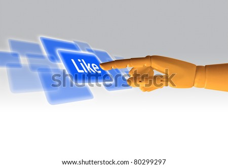 Wooden finger pressing a like button, isolated on a white background.