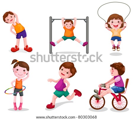 illustration of isolated set of activity kids playing