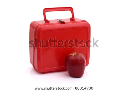 A red lunchbox with an apple isolated on white, Healthy School Lunch Royalty-Free Stock Photo #80314900