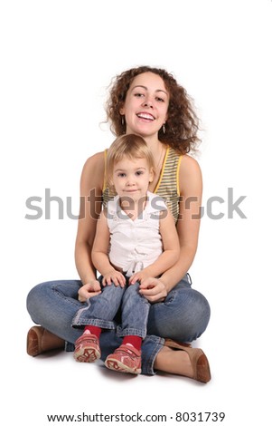 mother and daughter sit isolated on white