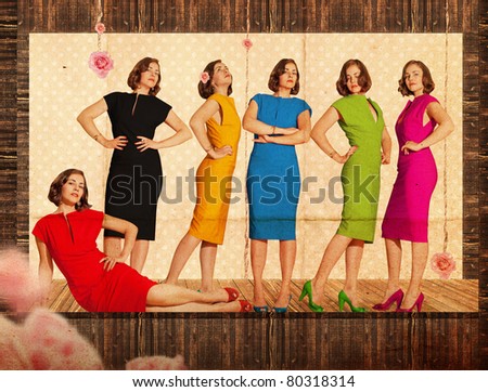 beautiful woman in colorful dresses, vintage pattern