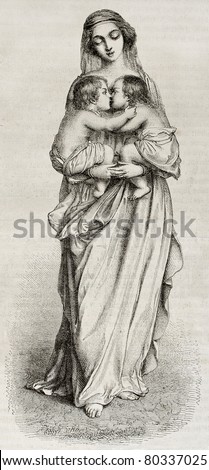 Old allegoric illustration of brotherhood. Created by Staal (Best, Hotelin and Regnier sculp.), published on Magasin Pittoresque, Paris, 1850