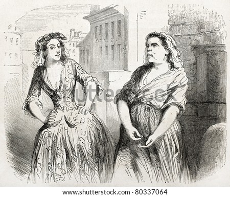 Old illustration depicting two women. Created by Pauquet, published on L'Illustration Journal Universel, Paris, 1857
