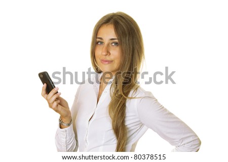 Close-up of the modern business woman with mobile phone reads the message. Isolated on a white background
