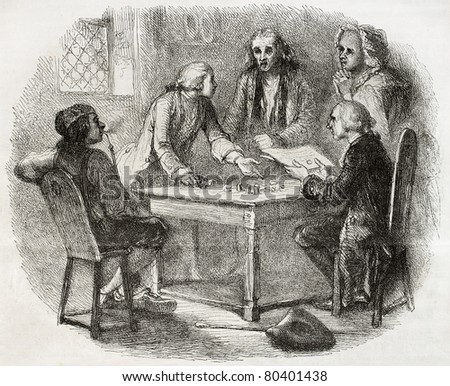 Old illustration of group of men discussing about money around a table. Created by Johannot, published on Magasin Pittoresque, Paris, 1850