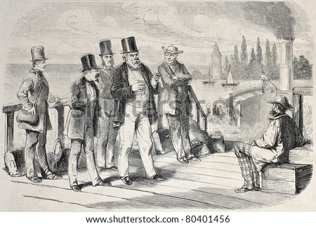 Old illustration of men on a steamer deck in Lausanne lake. Created by Bonnet, published on L'Illustration Journal Universel, Paris, 1857
