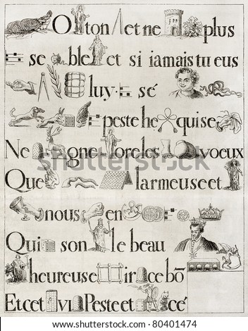 Old French rebus, from antique print of 1613. Hennin collection. Published on Magasin Pittoresque, Paris, 1850