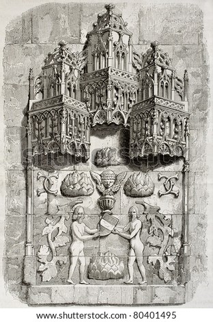Old illustration of an architectonic detail below octagonal tower in Meillant castle, France. Created by Renard, published on Magasin Pittoresque, Paris, 1850