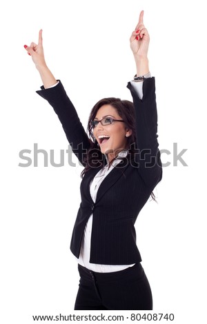 picture of a very happy business woman winning over white