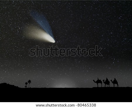 Nativity scene with 3 wise men and the Christmas star or comet. Composition with a photograph of a comet.