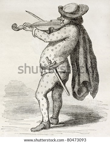 Old illustration of man playing violin wearing carnival costume; drawn from a 17th century painting in Bonnardot collection. By unidentified author, published on Magasin Pittoresque, Paris, 1850