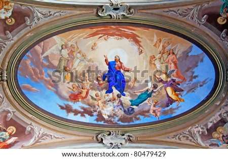 Fresco of Bible scene on rooftop of a church