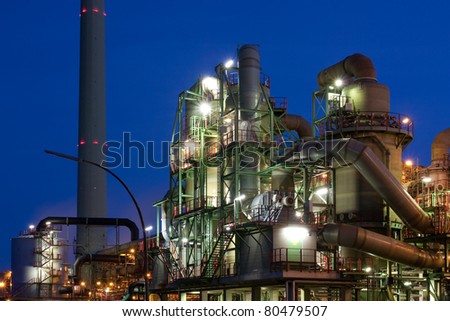 Industry at night, copper producing factory in Hamburg, Germany