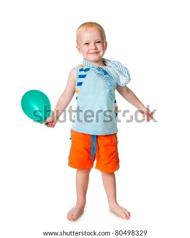 little boy with a balloon on a white background