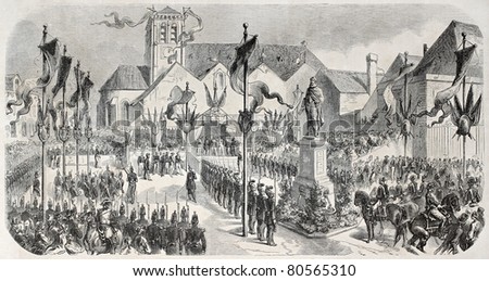 Old illustration of Henri IV statue inauguration in La Fleche, France. Created by Worms after sketch of Dauban, published on L'Illustration Journal Universel, Paris, 1857
