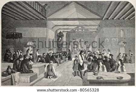 Old illustration of greek monks in dining hall. Created by Godefroy-Durand after drawing of Bida,  published on L'Illustration Journal Universel, Paris, 1857
